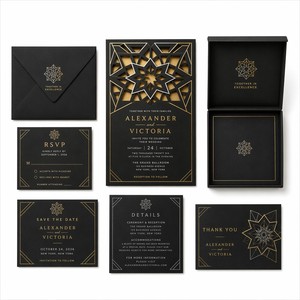 Set di Inviti Matrimoniali in Lamina Doppia Oro e Argento |   Finestra Tagliata al Laser Nera Opaca 600gsm per Aziende - Vendita all'Ingrosso - Product Image 1