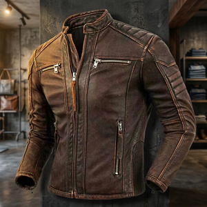 Blouson de moto en cuir véritable respirant pour homme, col montant, fermeture éclair, coupe ajustée, style urbain, pour l'hiver, avec logo frontal - Product Image 2