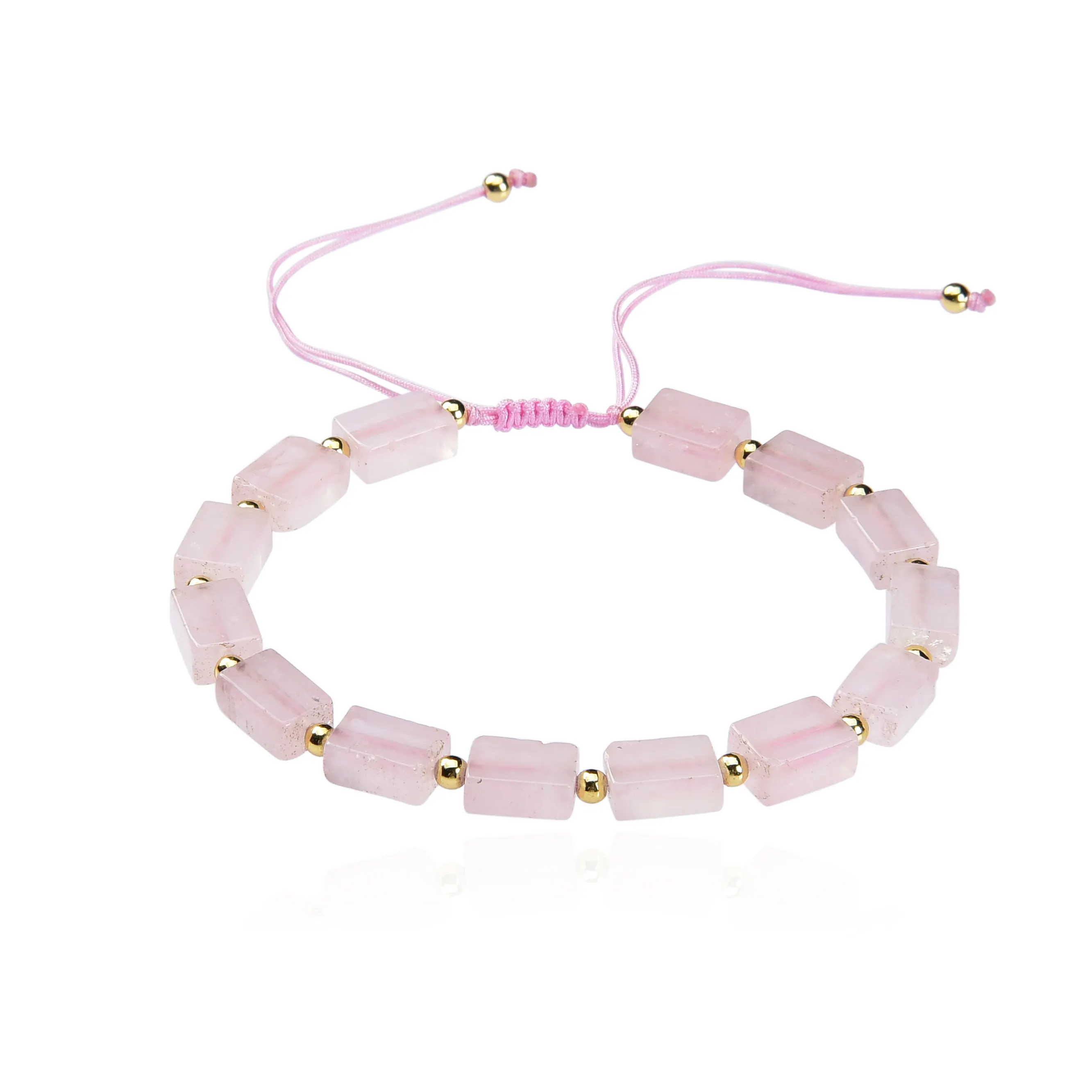 Handmade braided adjustable natural stone pink quartz beads with 4mm copper 16k gold beads women bracelet