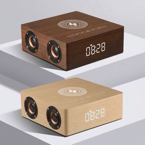 Retro Wooden Bluetooth Speaker <b>LED</b> Digital Alarm <b>Clock</b> Wireless Charging ,Night Light, High-Fidelity Stereo Sound for Home - Product Image 1