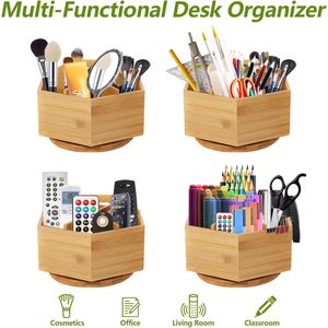 Bamboo <b>Pen</b> Holder Rotating Multi Compartment Desktop Storage <b>Box</b> For Pencils Paintbrushes And Office Supplies - Product Image 2