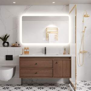Armoire de salle de bain intégrée en bois massif, style moderne noyer céramique Bassin de style médiéval pour le lavage des mains et du visage Hôtels classiques - Product Image 2