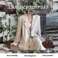 Ensemble de costume élégant pour femmes Candice, haut de gamme, écologique, petit blazer + pantalon, automne, coton et lin, col en V, vêtements deux pièces