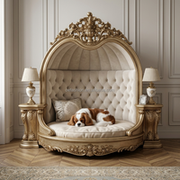 Lit Canapé de Luxe Traditionnel pour Animaux de Compagnie, en Bois Massif, Style Baroque Français, en Velours Capitonnée, Meuble pour Animaux pour Appartement, Villa et Hôtel