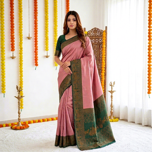 Sari de Seda Rosa y Verde AARA Fashion con Estampado Tradicional, Protección Solar para Mujer, Ropa de Boda, Corte Regular, Largo hasta el Suelo, India - Product Image 1