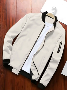 Veste universitaire élégante pour hommes-Bomber Coat léger de couleur unie avec poches zippées, parfait pour le printemps. - Product Image 3