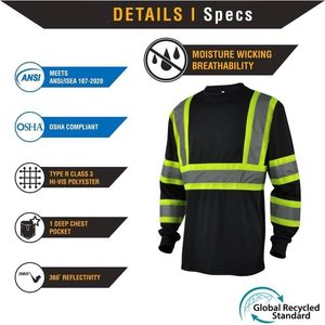 Camiseta de Seguridad de Alta Visibilidad Clase 3, Negra, Manga Larga, Reflectante, Ropa de Trabajo para Hombre - Product Image 2