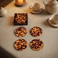 Ensemble de dessous-de-verre ronds en acrylique effet écaille de tortue avec base de rangement, tapis rétro pour tasses à café et thé, isolation pour bureau
