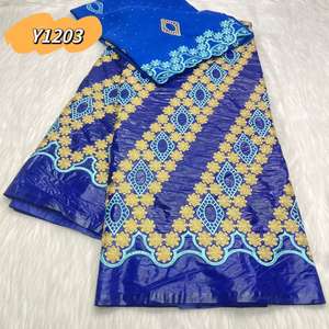 Haute qualité 100% coton africain riche Bazin dentelle ensemble bleu marine couleur Guniea <span class=keywords><strong>brocart</strong></span> 5 Yards + 2 Bazin dentelle Inmyshop - Product Image 3