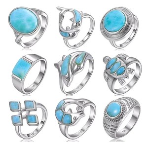 Factory Custom Handmade <strong>Boho</strong> 925 Silver <strong>Ring</strong> with Natural Larimar Fine Jewelry Meticulous Art-Craft Inlay Setting - Product Image 1