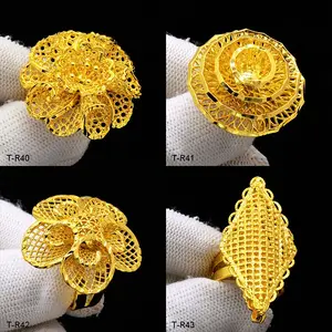 Ethiopia Dubai Bloem Gouden Kleur Arabische Ringen Resizeable Voor Vrouwen Bruiloft Sieraden Afrikaanse Feest Cadeau Nigeriaanse Sieraden