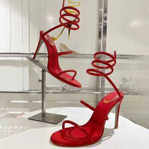 Zapatos de Diseñador de Moda, Sandalias de Tacón Alto Rojas con Tiras en el Tobillo, Sandalias Populares para Mujer, Sandalias de Tacón Delgado - Product Image 4