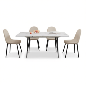 Juego de Mesa de Comedor Extensible Moderno con 4 Sillas, Base de Metal con Tapicería de Lino Beige, para 2-6 Personas, Muebles de MDF - Product Image 1