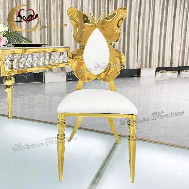 Cojín de cuero de lujo para boda, diseño de mariposa, sillas de <span class=keywords><strong>trono</strong></span> de banquete de metal dorado