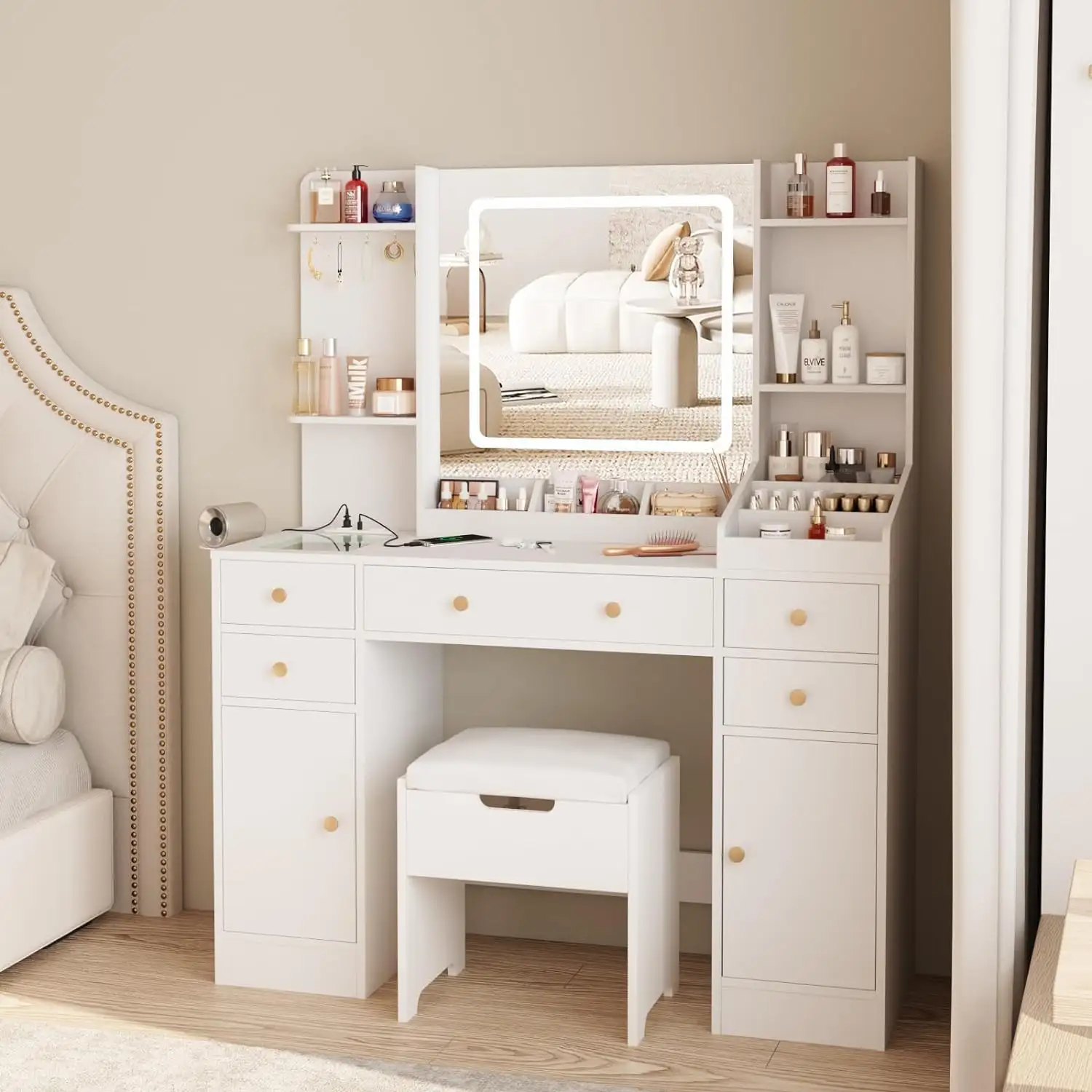 Modern Design Vanity Desk with Lights Makeup Table with Charging Station Big Vanity Set with Drawers   Storage Space for Bedroom