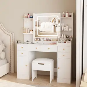 Modern Design Vanity Desk With Lights Makeup Table With Charging Station Big Vanity Set With Drawers Storage Space For Bedroom