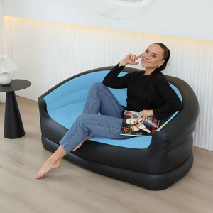 Sofá inflable doble de 110x110x85cm, sofá de aire para exteriores flocado en azul y negro para adultos, plegable y ligero - Product Image 1