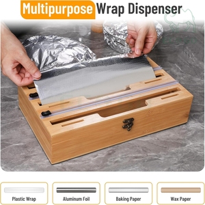 Support de rangement pour rouleaux de film alimentaire en plastique magnétique en bambou, distributeur de film alimentaire avec coupe-film - Product Image 3