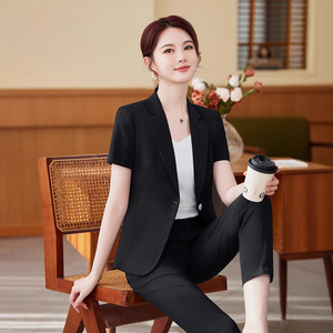 Women's Summer Black <b>Blazer</b> Suit <b>Set</b> Short Sleeve Slim Fit Professional Formal Wear Breathable Polyester Fabric - Product Image 5