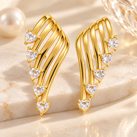 Anting-anting kancing zircon bunga hati sayap malaikat N&S untuk wanita, lapis emas 18K, baja tahan karat, perhiasan pesta, grosir