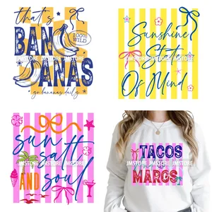 Transferts DTF thermocollants lavables pour textiles, motif tropical tendance 'That's Bananas' à rayures, style coquette estival, fruits, prêts à presser - Product Image 1