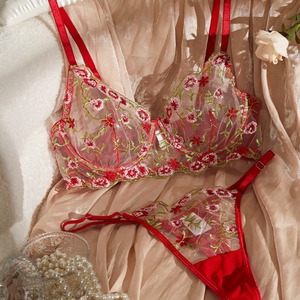 New French Lace Flower Embroidered Hot Girl Gather <b>Thin</b> <b>Thin</b> Sexy Mesh Lingerie Set for Women - Product Image 2