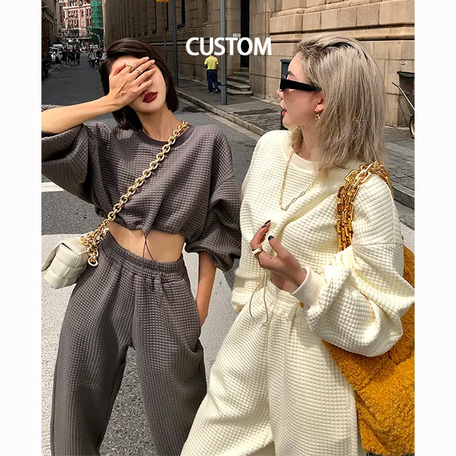 859 2024 Custom Crop Top Ruimte Katoenen Stof Vrouwen Sweatshirt Sets Mode Dame Streetwear Hoodie Sets Vrouwen