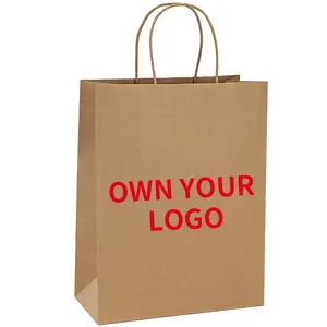 Özel Logo kahverengi kare Kraft alışveriş kağıt torbalar iş kullanımı için kolu ile geri dönüşümlü takı hediye şeker taşıyıcı