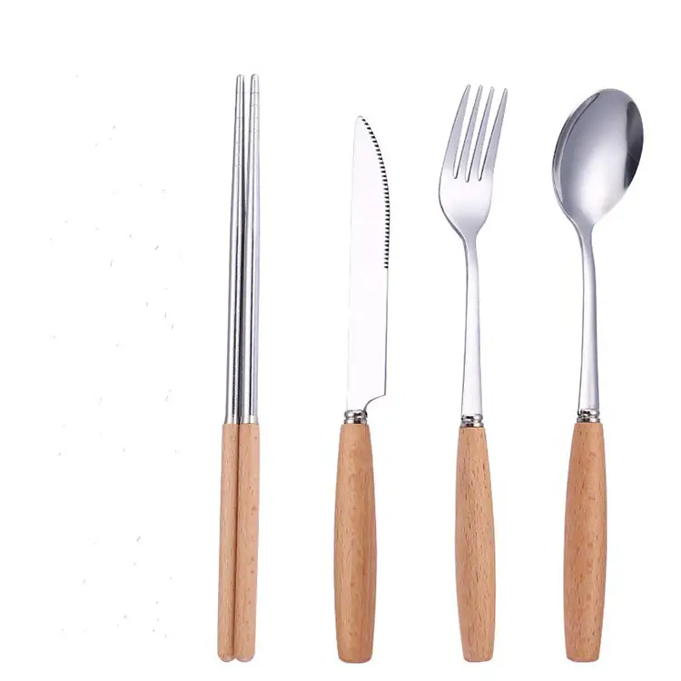 Japanese style home kitchen personalized stainless steel solid color wooden natural wooden handle fork spoon knife cutlery set