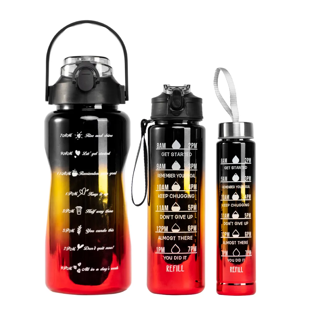 2023 Hotsale Large Capacity 2l Gradient Color 900ml 500ml 3 In 1 Set Gym Motivational Water Bottle