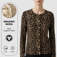 Cardigan ajusté en laine 100 % biologique à imprimé léopard, col rond, tricoté, pour femme, avec boutons dorés, pull côtelé tendance