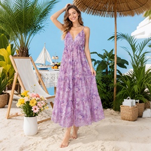 Elegante Abito <span class=keywords><strong>da</strong></span> Giardino Viola, Vestito Fluido a Strati in Viscosa, <span class=keywords><strong>Abbigliamento</strong></span> Floreale Femminile per Resort e Vacanze - Product Image 1