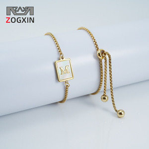 Zogxin Letter Charm Bracelet 18K Gold Plated <b>Adjustable</b> <b>Square</b> Pendant Women's Jewelry Everyday Wear - Product Image 1