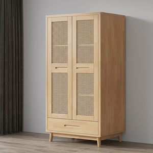 Modern Wooden <b>Wardrobe</b> With Cane Panel Doors Hinged Freestanding Bedroom Storage Cabinet Scandinavian Design - Product Image 2