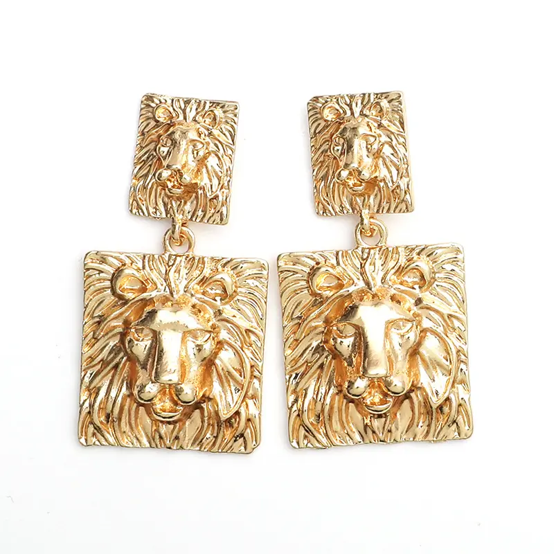 Western Style Exaggerated Gold Tone Geometric Stud Earring Metal Embossed Lion Pendant Earrings Women Jewelry