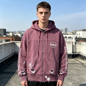 OEM Custom Streetwear Hoodie Manufacturer Fashion Screen Printed & Flat Embroidery Distressed Men's Hoodies with Paint Splatter - Product Image 3