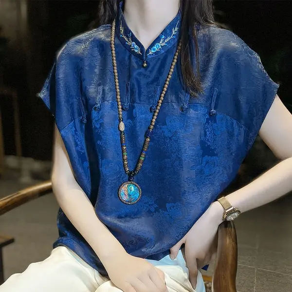 סיני רקום דמוית משי חולצות אלגנטיות 2024 נשים אופנה וינטג בגדי נשים הבציר חולצה בגדי יוקרה העליון