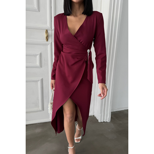 Vestido de Noche Estilo Cruzado Color Borgoña con Detalle de Broche, Silueta Recta Básica, Corte Imperio, Corto, Bordado, Talla XL, para Fiestas y Cumpleaños - Product Image 6