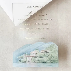 Suite d'illustrations personnalisées pour lieu de réception, invitations de mariage en acrylique de luxe avec dorure à chaud et impression aquarelle, avec enveloppe - Product Image 1