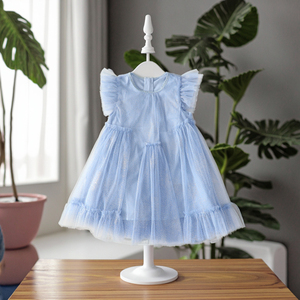 Abiti classici da principessa blu per ragazze 2-8 anni collezione estiva a strati con motivo a punti dolci e pizzo all'ingrosso - Product Image 1