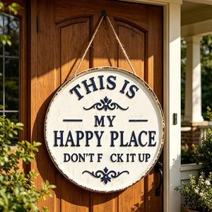 Targa in Metallo Vintage 'Happy Place', Decorazione Vintage 'Questo è il Mio Luogo Felice', Divertente Targa Rotonda in Metallo per Giardino - Product Image 1