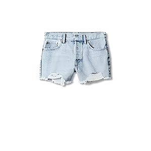 Shorts en jean taille haute pour femme, bleu clair uni, déchirés et usés, cinq poches, coupe droite, fermeture boutonnée - Product Image 1