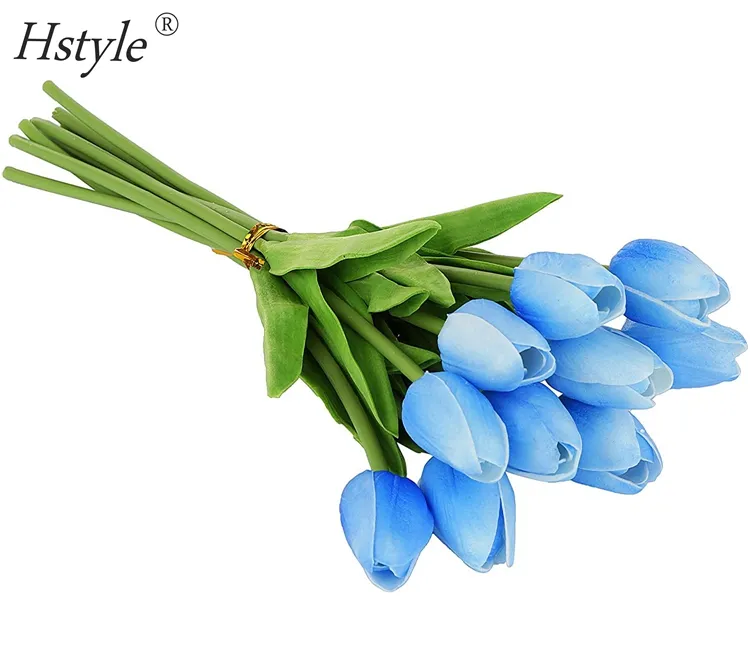 10 Kepala Biru Buatan Tulip Bunga Sentuhan Nyata Pengaturan Bouquet untuk Rumah Kamar Kantor Dekorasi Pesta Pernikahan FZH319