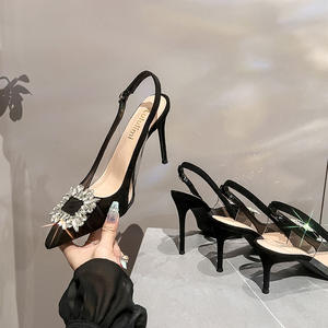 New Summer Women's Closed-toe Backless Stiletto Pointed Toe Pumps Korean-style Fashion Suede Square Buckle Rhinestone High <b>Heels</b> - Product Image 2