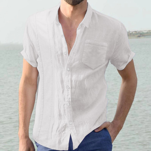 Chemises décontractées grandes tailles en coton et chanvre pour hommes européens et américains DFU0179 en stock - Chemises en lin pour hommes à manches courtes - Product Image 1