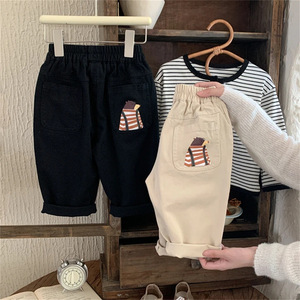 Boys' Cartoon Trousers Straight Leg Cotton Pants For Spring Autumn Casual Wear Off White Black Grayish White NT1182 - Product Image 1