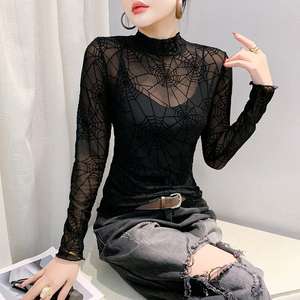 Autunno nuova t-Shirt a collo alto aderente a forma di <span class=keywords><strong>ragno</strong></span> floccante a fiore a manica lunga da <span class=keywords><strong>donna</strong></span> Sexy alla moda camicia piccola - Product Image 2