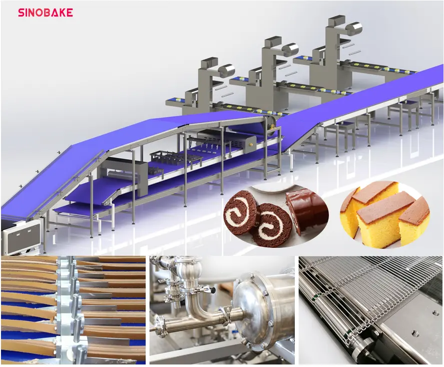 Línea de producción de máquina de pastel de rollo suizo SINOBAKE 300 kg/h máquina de fabricación multifuncional para pastel de relleno central