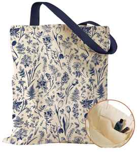 Simple Style Natural Cotton Canvas <b>Tote</b> <b>Bag</b> with <b>Blue</b> Shoulder Handle Pattern Custom Logo Digital Print for Women - Product Image 1