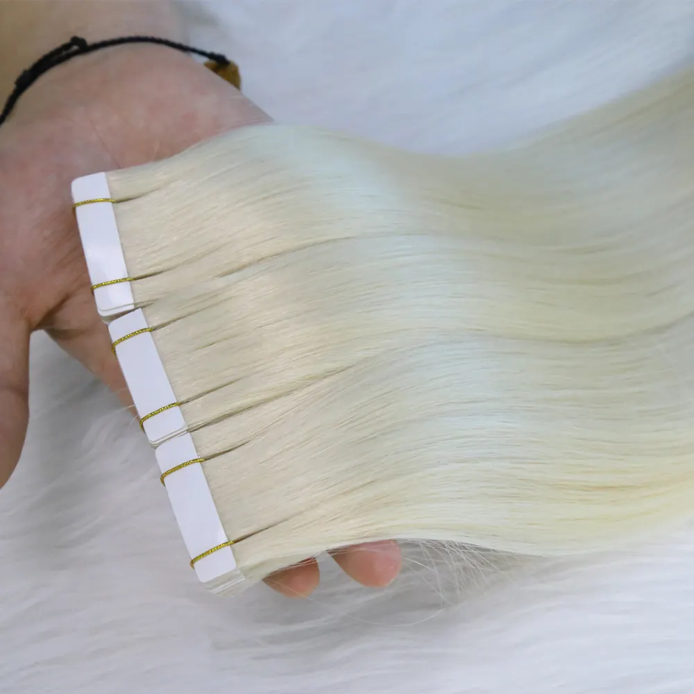 Buz beyaz sarışın doğal yapıştırıcı toptan dikişsiz PU cilt atkı bakire Remy İnsan saç bandı ins saç ekleme çift çizilmiş